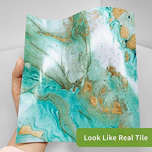 Marble Effect Peel And Stick Vinyl Wall Tile Transfer Stickers, Self-Adhesive Backsplash Tile Decals For Kithchen Bathroom Decor, Metallic Geometric, 6X6Inch 10 Pcs, Malachite Blue #TOP5