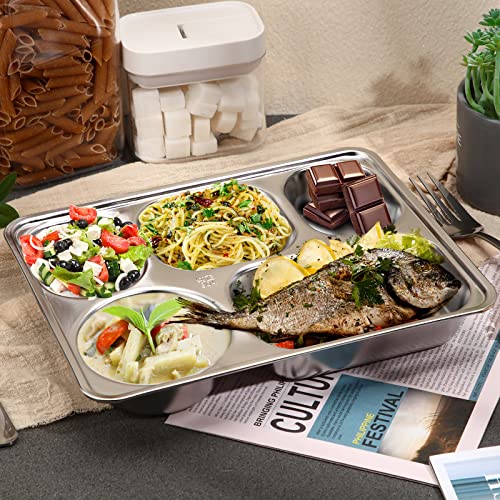 5 Pack Stainless Steel Rectangular Divided Dinner Tray Metal Dinner Plates Divided Plates For Adults Snack Food Portion Plates With Compartments Serving Plate Dividers For Food Control (5 Sections) #TOP6