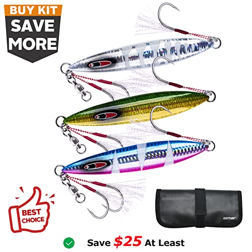 Goture Glow Slow Pitch Jigs With Portable Jig Bag, Double Assist Hook Fishing Jig Lead Saltwater Jigging Lures For Tuna, Dogtooth Tuna, Yellowtail, Kingfish, Bluefin-3Weights(100G/150G/250G) &3Colors #TOP1