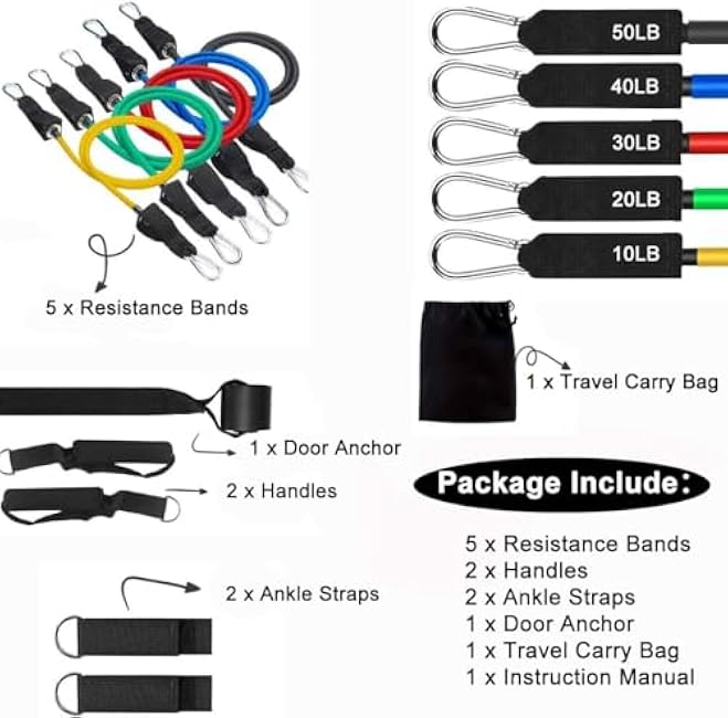 Resistance Bands Set, 5 Level Exercise Bands with Handles,Door Anchor,Ankle Straps,Fitness Workout Bands for Heavy Resistance Training, Strength, Muscle Training, Yoga, Pilates,Home Workout Equipment