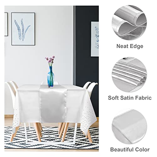 Mashan 16Pack Disposable Plastic Tablecloths And Satin Table Runner Set White And Silver Dot Tablecloth Silver Satin Table Runner For Wedding Birthday Baby Shower Christmas New Year Party Decorations #TOP2
