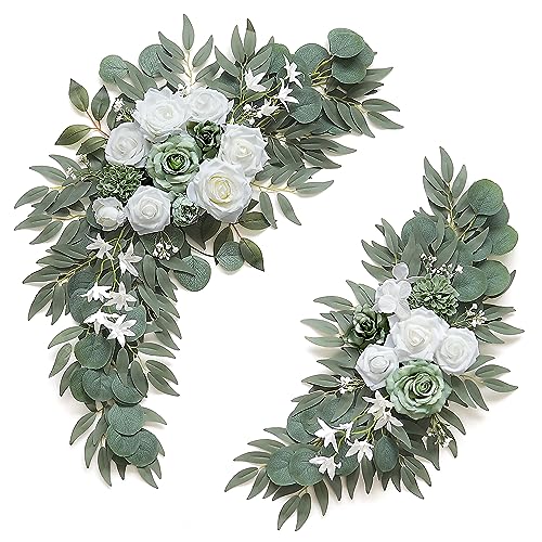 Image of Olalaka 2-Pack Sage Green & White Wedding Flower Swag Set, Large: 35.43"L x 14.56"W, Small: 24.80"L x 12.99"W, Artificial Flowers for Wedding Arch, Ceremony, Table Centerpieces, Wall Hanging