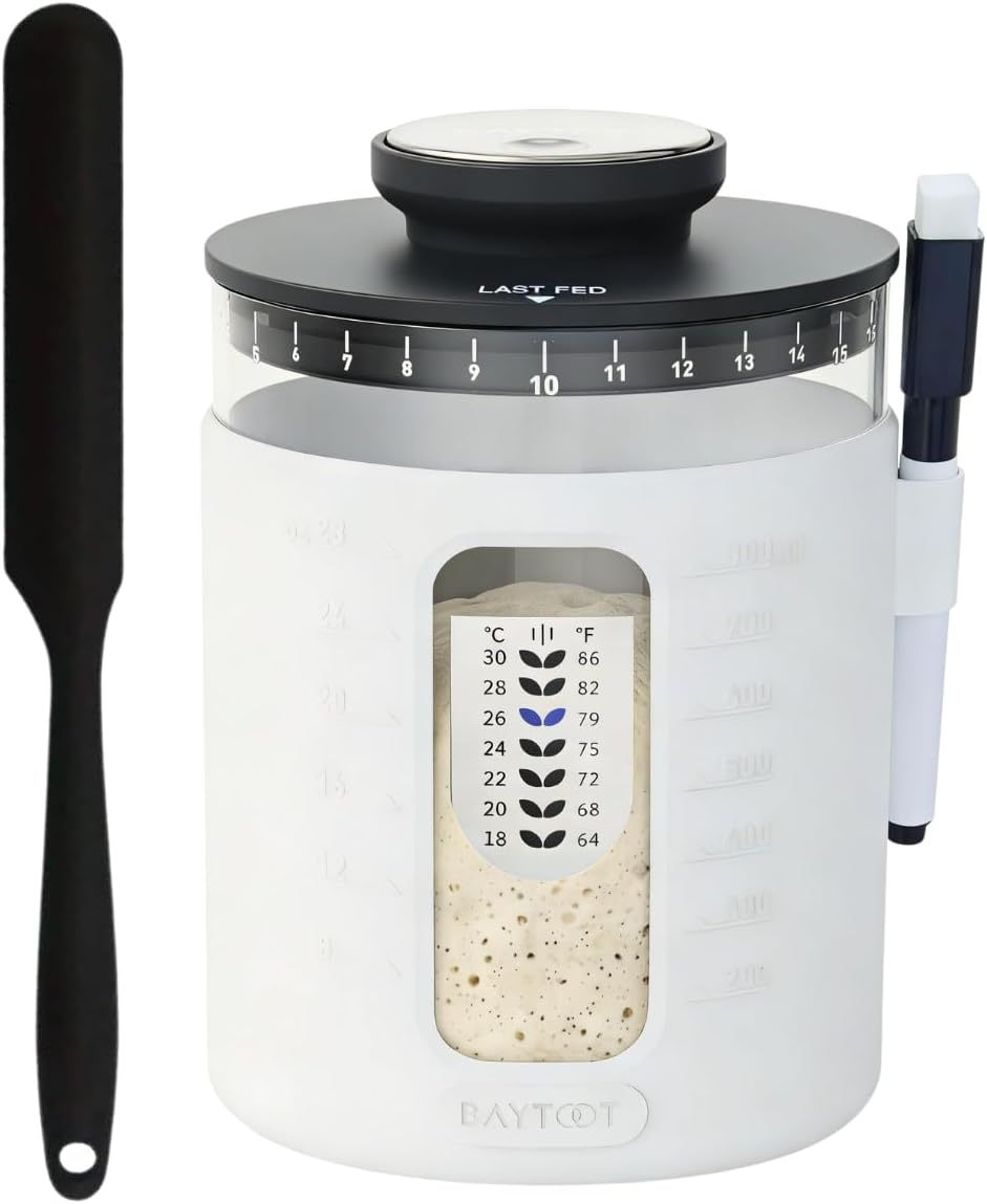 Sourdough Starter Jar Kit 33oz – Wide Mouth Sourdough Fermentation Jar, Upgraded 2026 Reinforced Thick Glass Base, Airflow Lid, Feeding Tracker, Thermometer & Spatula (White)