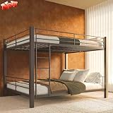 Latest Upgrade & Stronger Queen Over Queen Bunk Bed for Adults, Heavy Duty Metal Bunk Bed Queen Size with Ladder and Full-Length Guardrails and Slats Support for Boys Girls, Space-Saving,Easy Assemble