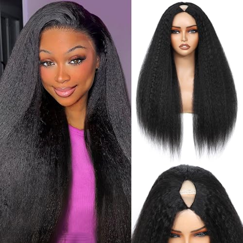 V Part Wig Human Hair Kinky Straight Human Hair Wigs Upgrade U Part Human Hair Wig for Women No Leave Out No Sew In 200% Density Natural Color 26 Inch