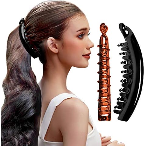 RC ROCHE ORNAMENT 2 Pcs Womens Premium Hair Plastic Banana Classic Clincher Strong Hold Ponytail Maker Girls Ladies Beauty Accessory Clasp Clip, Black and Brown Cover
