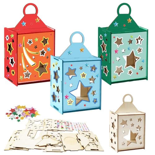 MONCAP 3 Pack Star Wooden Lantern Hollow Star Lantern Craft Set for Kids to DIY Art Craft Decorate Your Own Christmas Lantern Tealight Candle Holder Xmas Home Table Decor
