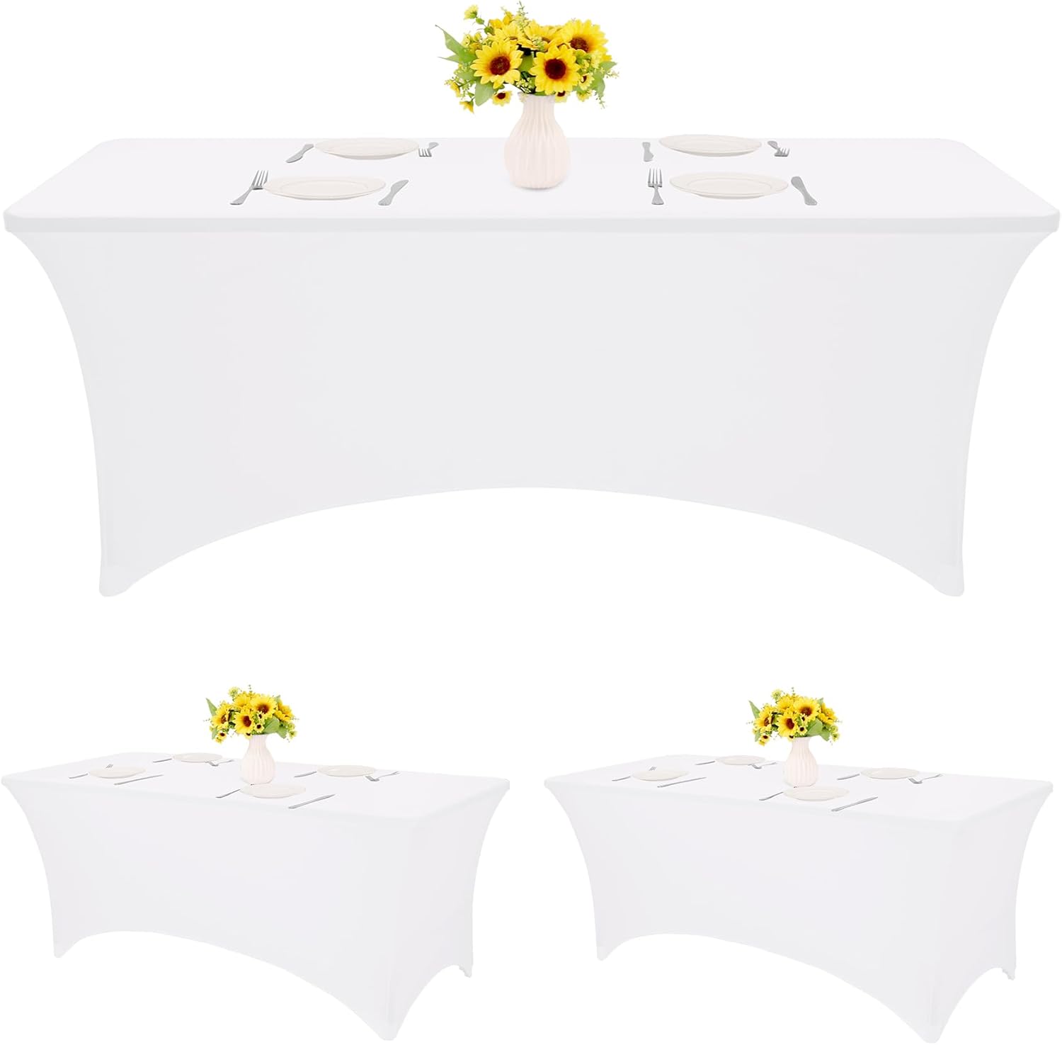 HAISIWLKJ 3 Pack Table Cloth 8ft White Tablecloths for Rectangle Folding Table Spandex Fitted Stretch Cover Wrinkle Resistant Washable Protector for Party, Wedding, Banquet, Festival.