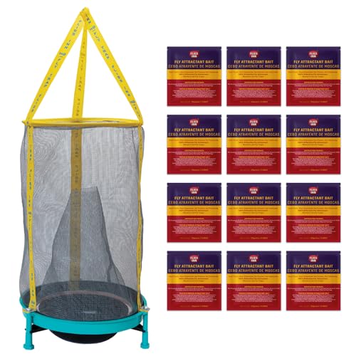 Flies Inn EZ Fly Cage - Trampa para moscas con 2 moscas de repuesto de cebo atrayente para moscas, bajo olor, reutilizable, construida para durar años (1 trampa + 12 cebos, 1)