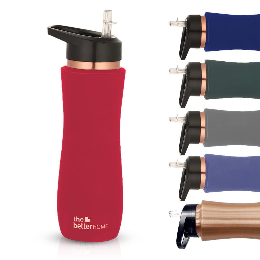 The Better HomeCopper Water Bottle with Sipper (700ml), 100% Pure Copper Bottle, Sipper Water Bottle for Adults, BPA Free & Leakproof with Anti Oxidant Properties of Copper (Maroon, Pack of 1)