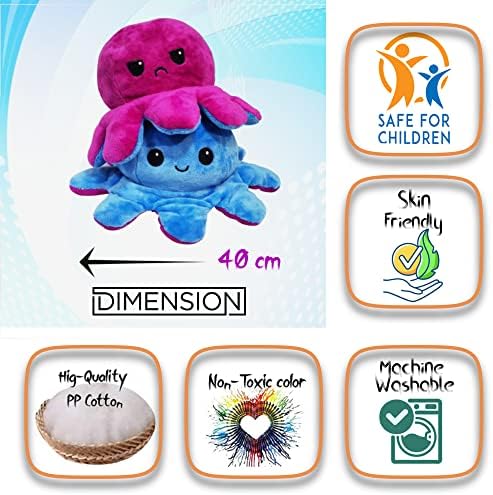 Giant Reversible Octopus Plush large - Happy and sad moody octopus stuffed toy- 40cm Big XXL size- flippy Octopus Plushie Reversable teddy  Angry flip octopus UK shows Emotion without saying words!