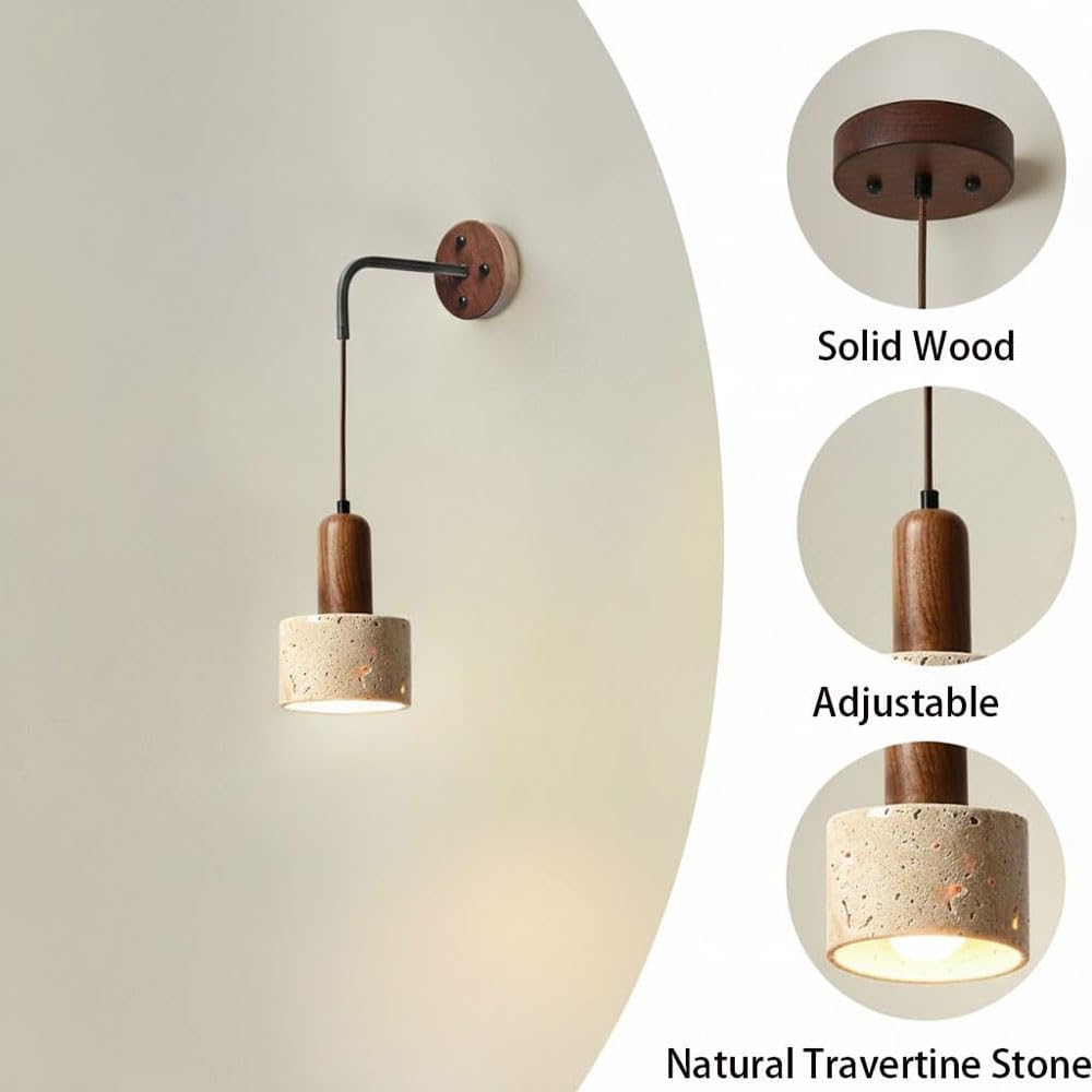 Applique da Parete in travertino Giallo con Attacco E26, Stile Industriale, per Interni, con Base in Pietra Naturale e Cablaggio Fisso, Ideale per Soggiorno, Balcone e corridoio.