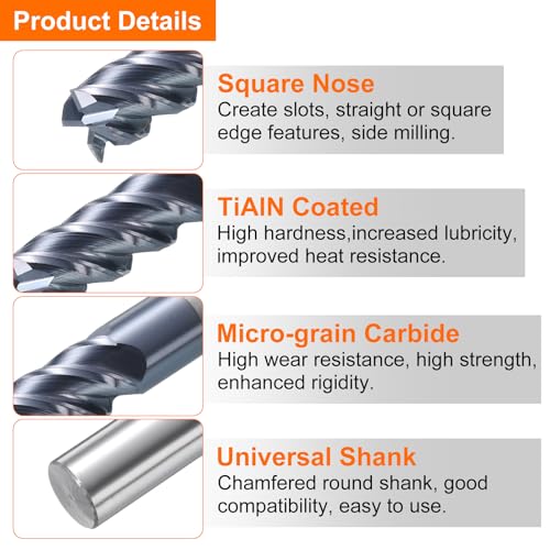 Image of HARFINGTON 5pcs Carbide Square Nose End Mill Bit 5 /16 inch Cut Dia 4 Flutes TiAlN Coated Milling Cutter for Hardened Steel Metal (5 /16 inch Shank 13 /16 inch Cut Length 2-1 /2 inch Long 45 Degree HRC49-51)