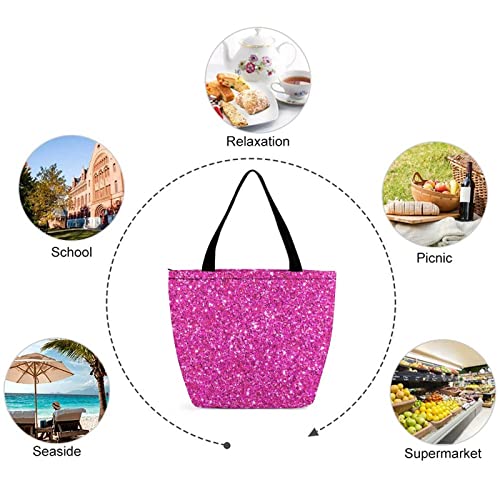 Niapessel Tote Bag Hot Pink Glitter Pattern Beach Travel Reusable Grocery Shopping Aesthetic Portable Storage HandBags Purse with Zipper Large for Women Girls3