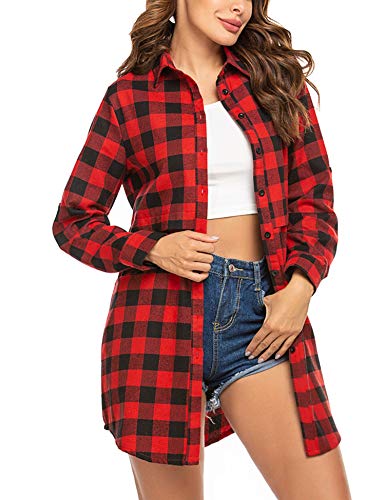 Hotouch Long Flannel Shirt Women Plaid Blouse Long Sleeve Boyfriend Shirt Red and Black Plaid Shirt Long Red & Black L