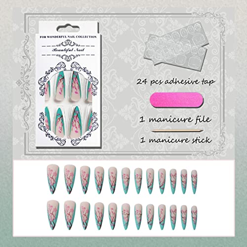 Votacos Press On Nails Long Stiletto Fake Nails Baby Blue False Nails With Sakura Design Matte Full Cover Stick On Nails For Women #TOP3