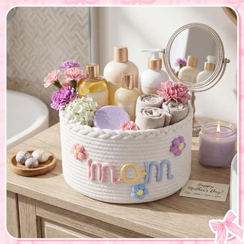Hushee Woven Cotton Rope Storage Basket with Embroidered Mom Pattern Decorative Gift Basket Empty for Nursery Home Organizer 11.8\" x 7\" Mom Themed Rope Baskets