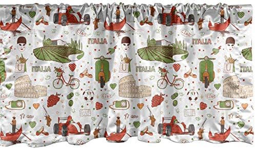 Lunarable Tuscan Window Valance, Bicycle Grapes Hearts Polka Dots Ruins Doodle Cartoon Car Ciao Ti Amo Italy Theme, Curtain Valance for Kitchen Bedroom Decor with Rod Pocket, 54" X 12", White Green