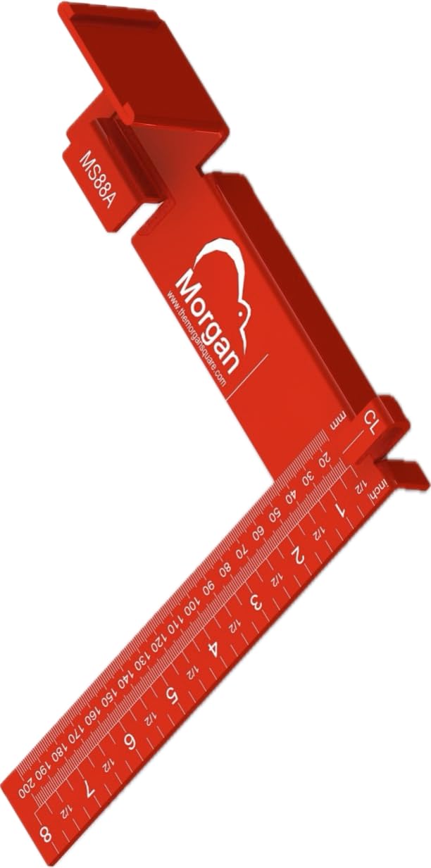 Kiwi Vision® Morgan Square Red 8-inch: Single Motion Measuring & Marking, Centerline Mark, Tongue is 1 1/2, Pencil Holder, 1 1/2 Mark for Openings, Imperial and Metrics, Tape Measure Mount