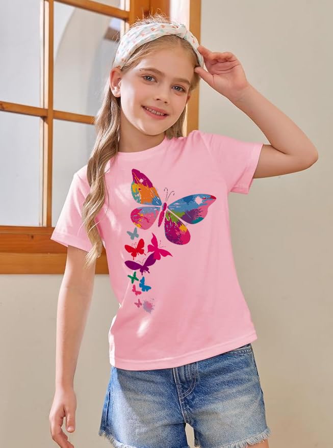 Girls Butterfly Graphic T-Shirt, Cotton Blend, Pink, Ages 4-13 Years, Sizes 4-183
