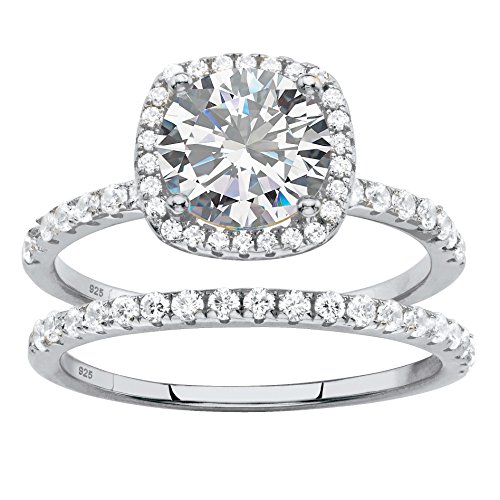 Platinum over Sterling Silver Round Cubic Zirconia 2 Piece Halo Bridal Ring Set Size 7
