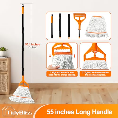 Image of TidyBliss Commercial Mop Heavy Duty, 55 inches Long Handle Large Looped-End Industrial String Floor Cleaner, Professional Dry Wet Cotton Cleaning Tool for Concrete Tile Hardwood Office Garage (Orange)