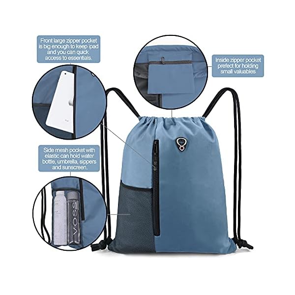 BeeGreen Blue Drawstrings Backpack Gym Sack For Men With Water Bottle Pocket &Front Zippered Pocket Large Sting Bags For WomenTraveling Yoga Beach Outdoor Gym