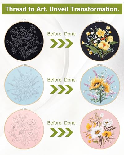 Image of Santune 3 Pack Flower Embroidery Kit for Beginners Adults Cross Stitch Needlepoint Kits Hand Craft with Plant Patterns,3 Instructions,1 Hoop,Threads and 6 Needles