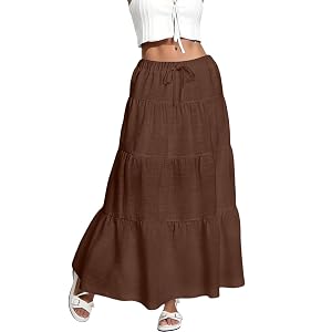 Maxi Skirts for Women Drawstring Low Rise Tiered Long Skirt Flowy Swing Pleated Cute A Line Boho Beach