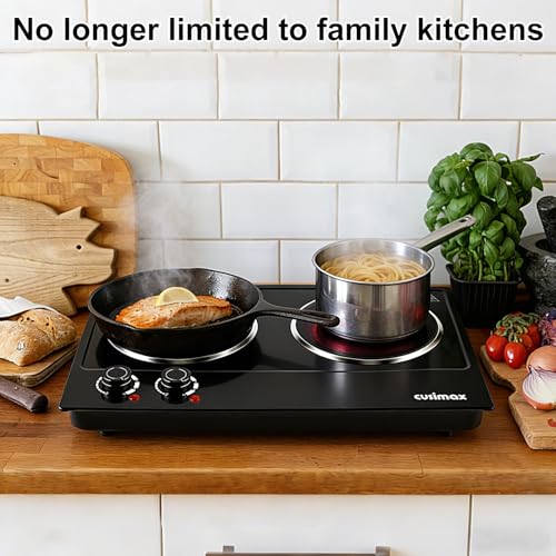 Image of CUSIMAX Double Burner, 1800W Ceramic Electric Hot Plate for Cooking, Dual Control Infrared Cooktop, Portable Countertop Burner, Glass Plate Electric Cooktop, Stainless Steel Black