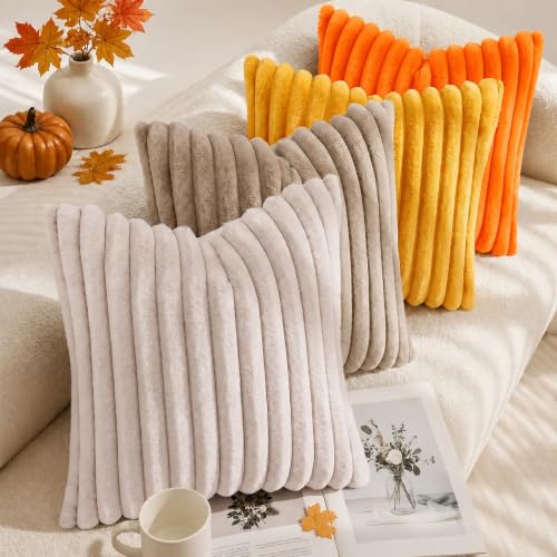 Image of decorUhome Fall Cozy Faux Fur Throw Pillow Covers 26x26 Set of 2 Decorative Soft Plush Striped Modern Farmhouse Boho Couch Euro Sham Pillow Cases with Velvet Back for Sofa Bed Living Room, Orange