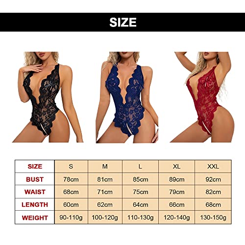 KOEMCY-Lenceria-Mujer-Sexy-Conjunto-Lenceria-Cuello-en-V-Profundo-Ropa-Interior-Camison-Transparente-una-Pieza-Bodydoll-Encaje-Ropa-de-Dormir-Conjunto-de-Lenceria