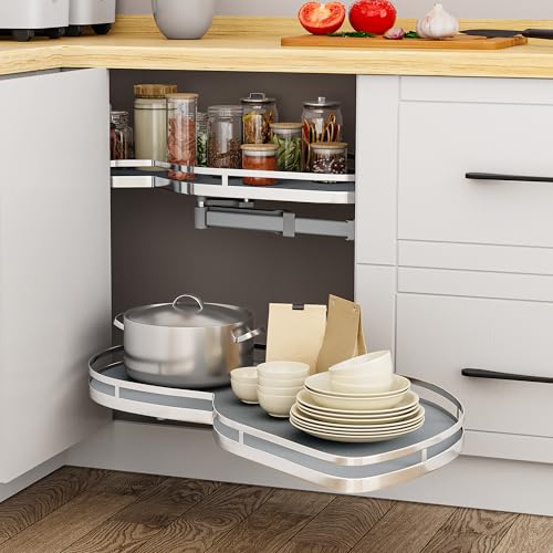 YITAHOME 32" Blind Corner Pull-Out Organizer, Soft-Close Swing-Out 2-Tier Height-Adjustable Lazy Susan, Right Swing Pull Out Organizer, Gray