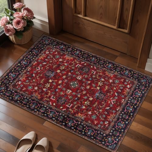 Image of Oriental Red 2x3 Washable Rugs for Entryway, Non Slip Small Entry Rug