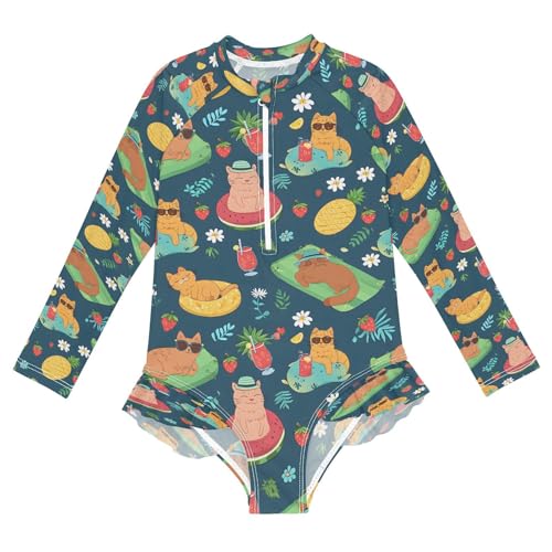 Summer Cat Vacation on Beach Girls Long Sleeve Swimsuits One Piece Zipper Bathing Suit UPF 50+ Rashguard Swimwear Multicoloured