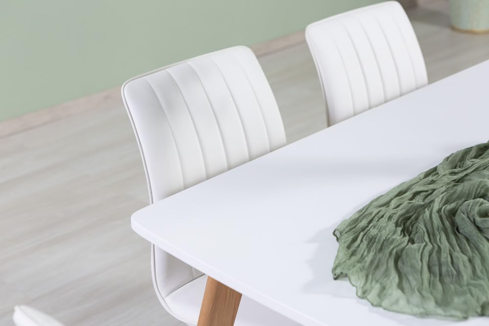 Set Tavolo da Pranzo rettangolare allungabile 140-180x80 cm con 6 Sedie imbottite bianche ecopelle, stile scandinavo con gambe effetto legno, tavolo e sedie da cucina o sala da pranzo per 6 persone