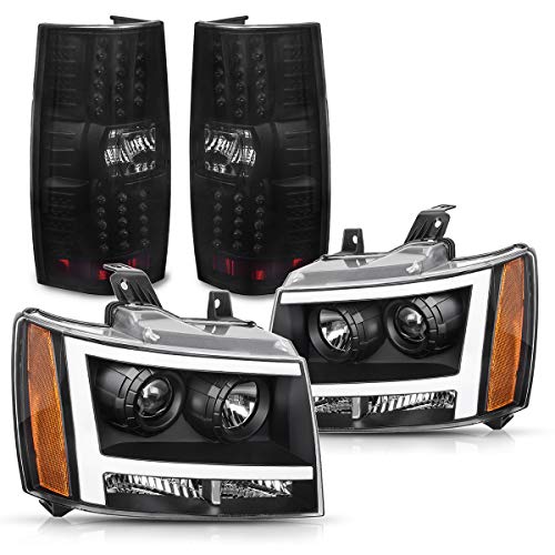 DWVO LED Headlight Tail Lights Assembly Compatible with Chevrolet 2007-2014 Chevy Suburban / 07 -14 Chevy Tahoe Replacement Black Housing Headlights Taillights Combo Set