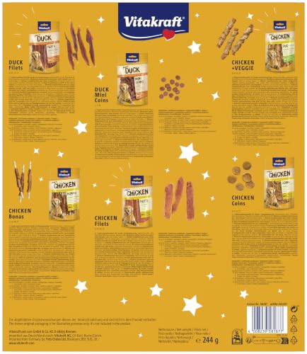 Vitakraft Adventskalender für Hunde, 2026, liebevoll zusammengestellte Auswahl leckerer Snacks, für die Vorweihnachtszeit, Hundeleckerlis, für alle Altersstufen (1x 244g)