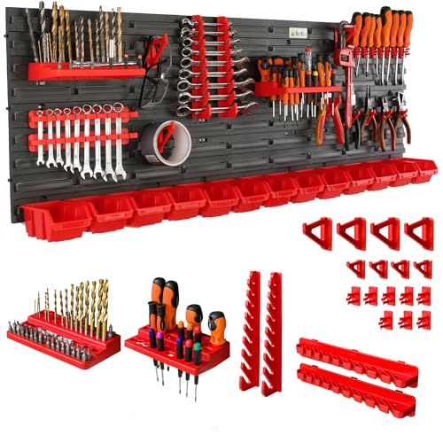 botle® Werkzeugwand Lochwand aus Kunststoff, Stapelboxen + Wandregal + Werkzeughalter 38-teiliges Set, Kleinteilelager 116 x 39 cm, Wandwerkstatt mit 13 stapelbaren Behältern, Hängeregal Sortierregal
