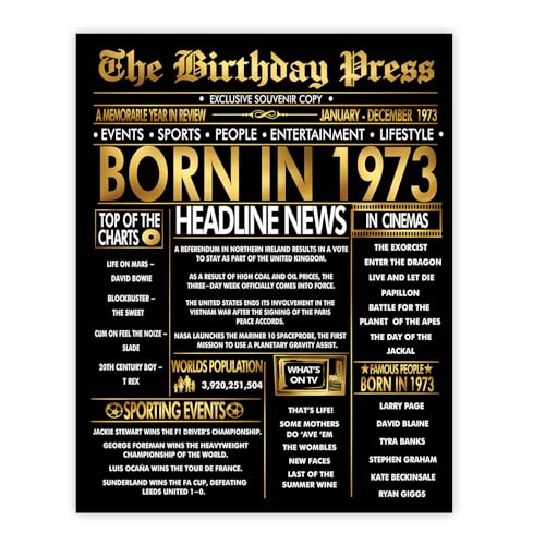 Stuff4 Poster dorato per 52° compleanno, senza cornice, giornale Golden Born In 1973, Happy 52 Birthday per uomini e donne, regalo retrò vintage nel 1973, 20 x 25 cm, decorazione per feste di