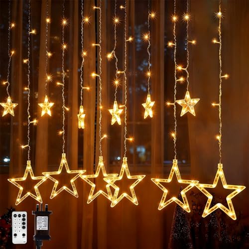 Opard Christmas Window Lights 3.6m 138 LEDs 12 Stars Christmas Decorations Curtain Lights Plug in Warm White IP65 Waterproof Fairy Lights with Remote Timer 8 Modes for Indoor Window Balcony Fence