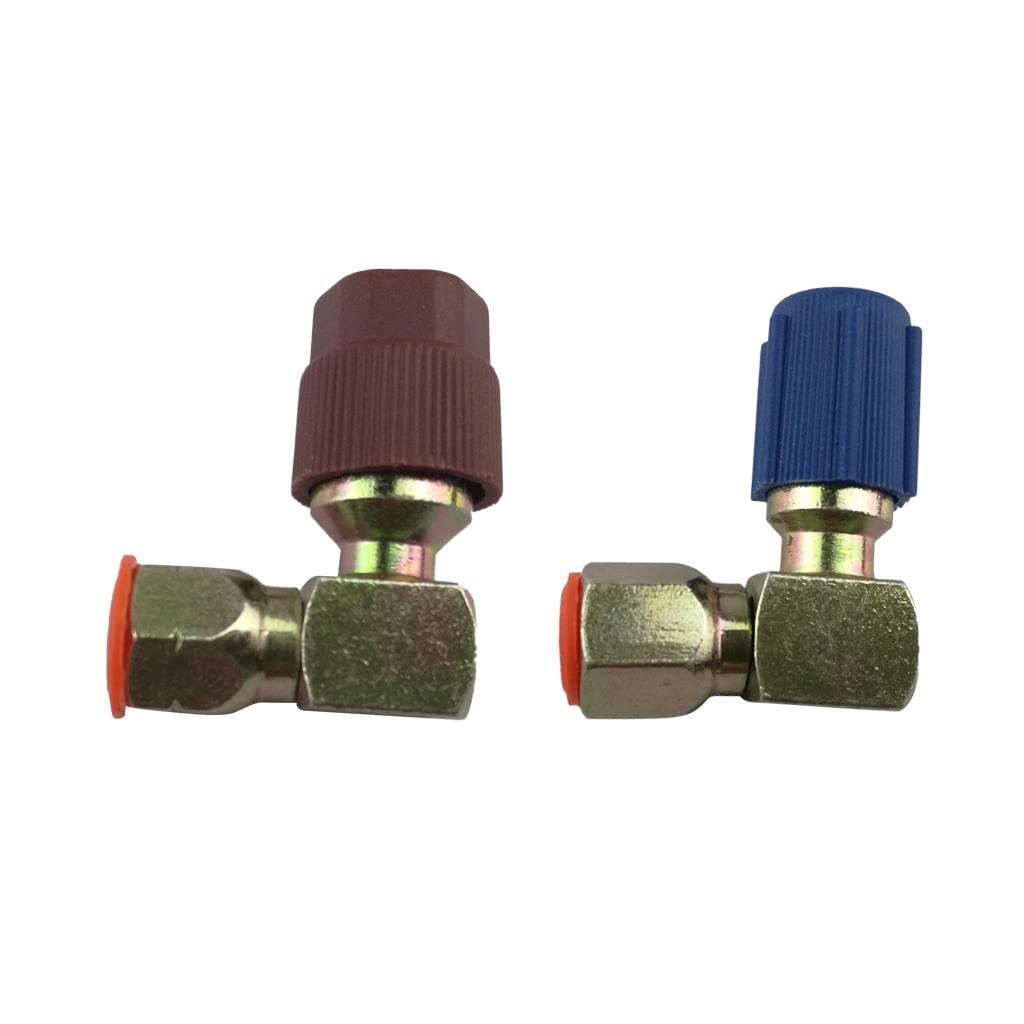 THE STYLE SUTRA® 90 Degree High/Low Side Dapter 7/16L 3/8H R12 To R134A Retrofits Connector | 1X Low Side Dapter/Connector 1X Blue Cap 1X High Side Dapter/Connector 1X Red Cap 2X Pvc Protective Cap