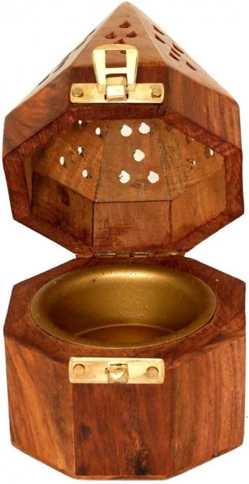 Hexagonal Wooden Bakhoor Burner, Large, Brown