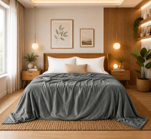 Image of SANMARINO Premium Solid Flannel Blanket for Single Bed | Super Soft Touch Plush Fleece Blanket | All Season Lightweight Yet Cozy Blanket for Bed,Sofa,Couch, Travel & Camping | 152 x228 cm (Grey)