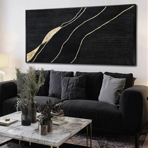 Black and Gold Abstract Wall Painting 24x48 Inch, Large Framed