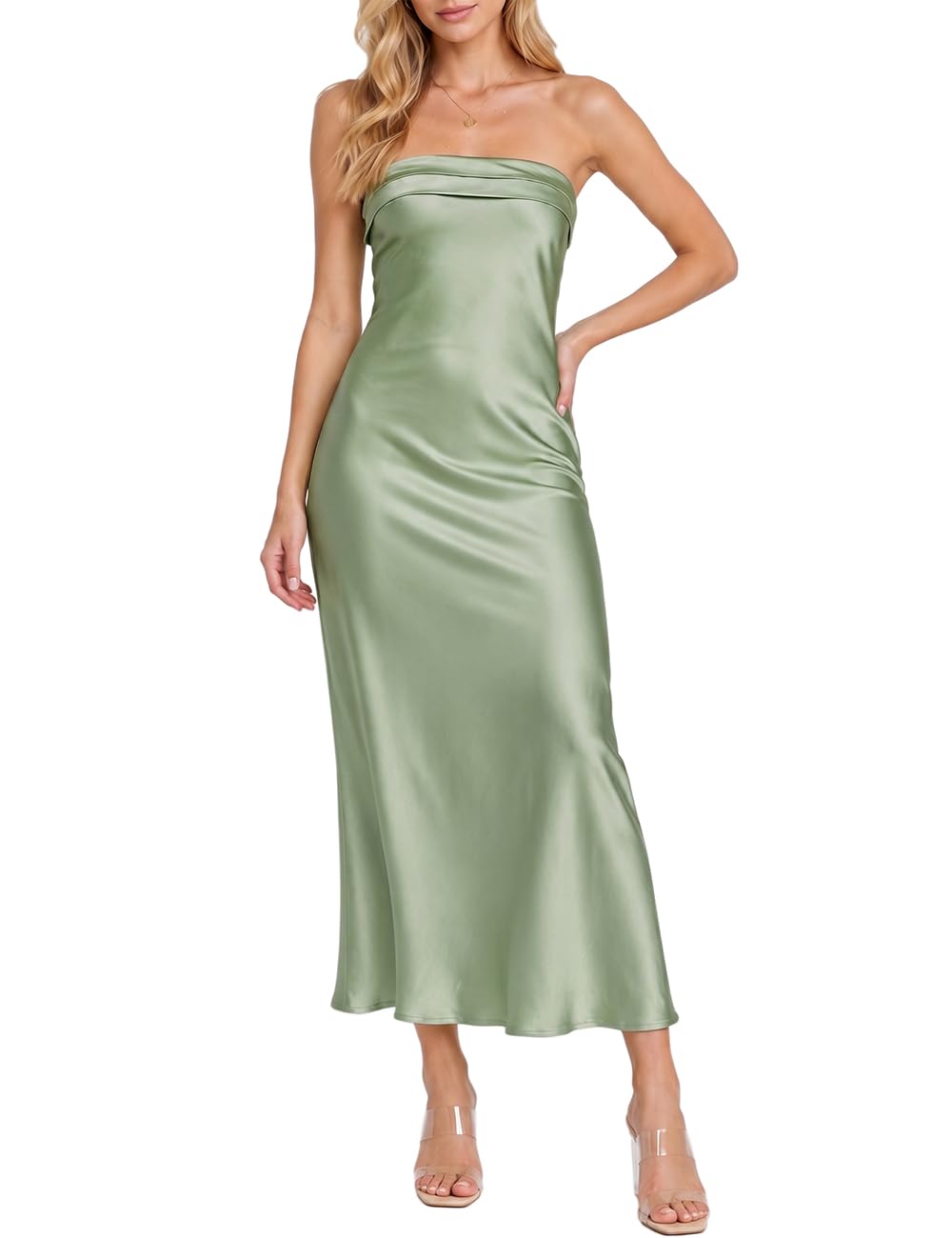 Summer Satin Strapless Backless Maxi Dress for Women Wedding Guest