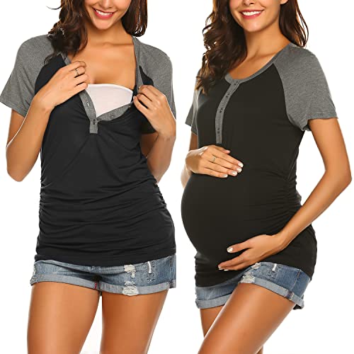 Ekouaer Women Nursing Tops Short Sleeve Maternity Tee Shirt Henley Breastfeeding Tunics Clothes Pregnancy Blouse (Black L) #TOP7