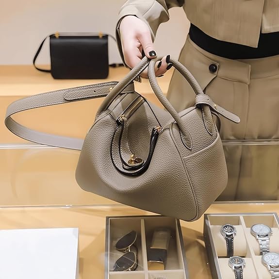 Women's Genuine Leather Crossbody Bag, Square Design with Fixed Shoulder Strap, Lychee Leather Bag