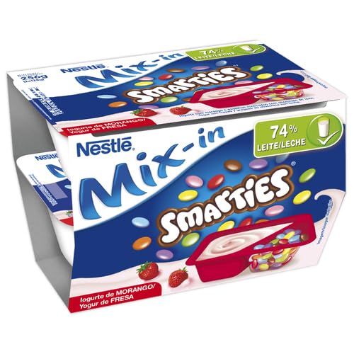 (PACK 4 UD de 2x128g) Yogur azucarado de fresa con grageas de chocolate con leche NESTLÉ Smarties mix-in 2x128 g.