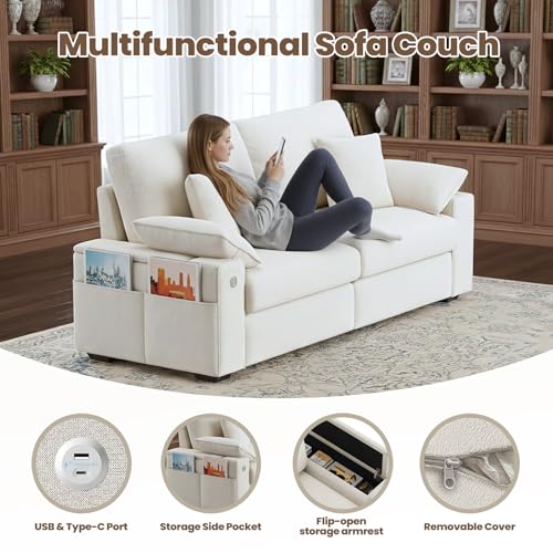 Image of 89 inch Modern Sofas for Living Room, Comfy Sofa with Deep Seat Couch, USB /Type-C Port, Side Storage, Removable Cover, Couches for Living Room, Apartment, Beige